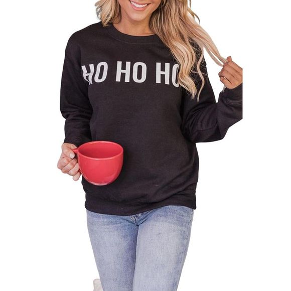 Azura Exchange  Black HO HO HO Print Long Sleeve Pullover Sweatshirt - Picture 5 of 6